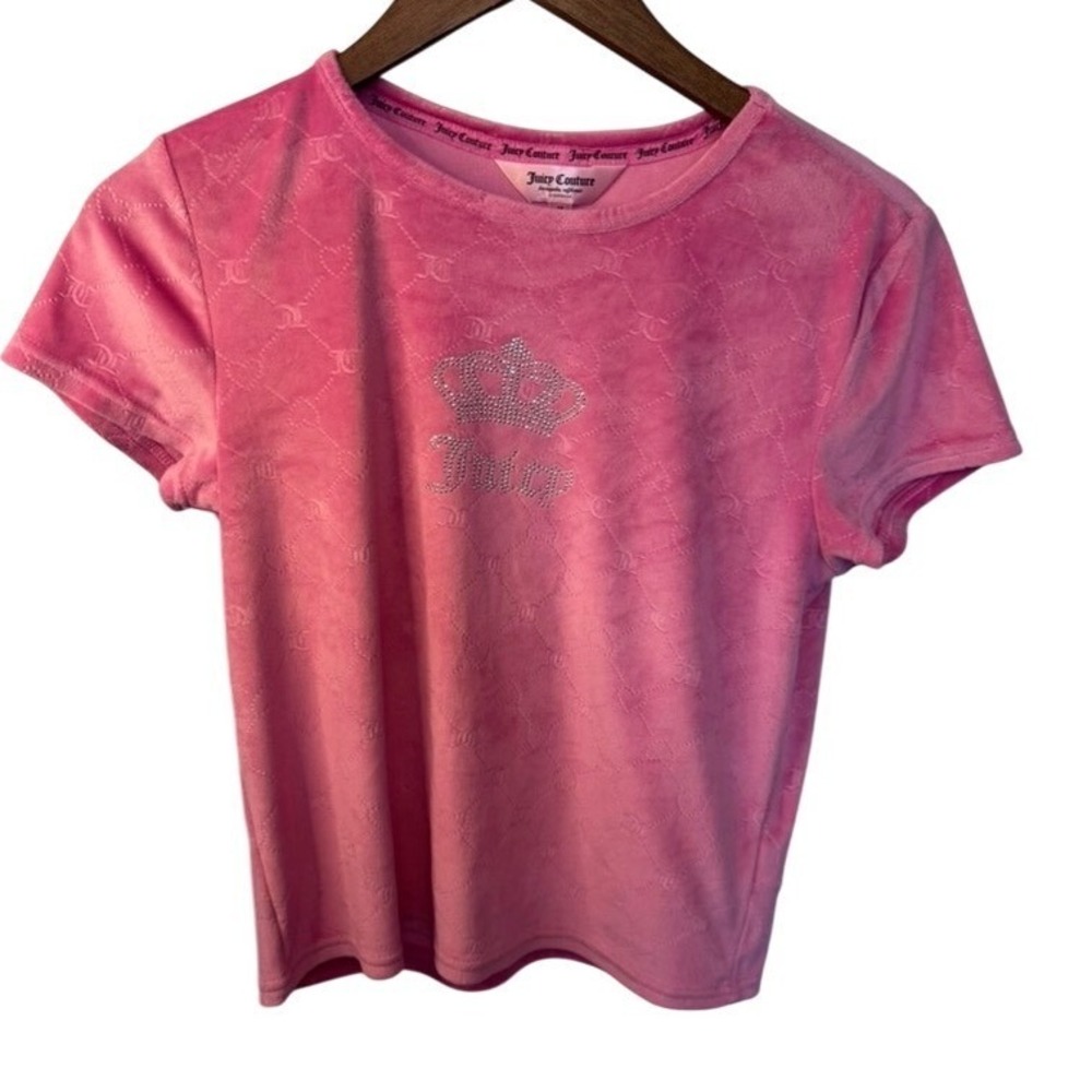 Juicy Couture Pink Velour Rhinestone Crown Logo Tee Shirt Girls Small Y2K Retro